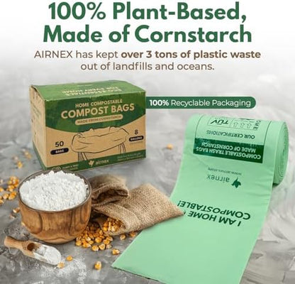 AIRNEX Compostable Kitchen Trash Bags 8 Gal - Cornstrarch Leakproof & Tear Resistant 50 Compost Bags - OK Compost Home & Seedling Certified 0.22 mm Kitchen Garbage Bags