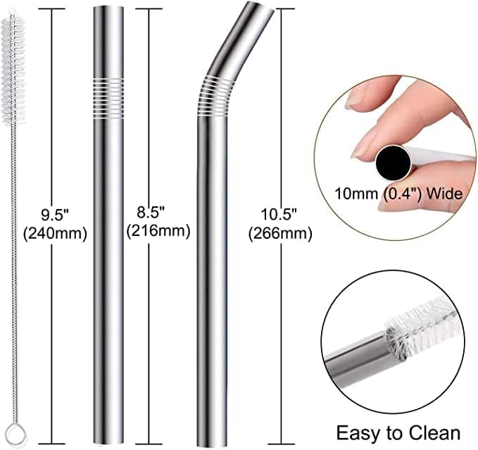 Vinaco 6 Pack 0.4" Wide Bore Reusable Stainless Steel Metal Smoothie Straws