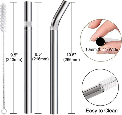 Vinaco 6 Pack 0.4" Wide Bore Reusable Stainless Steel Metal Smoothie Straws