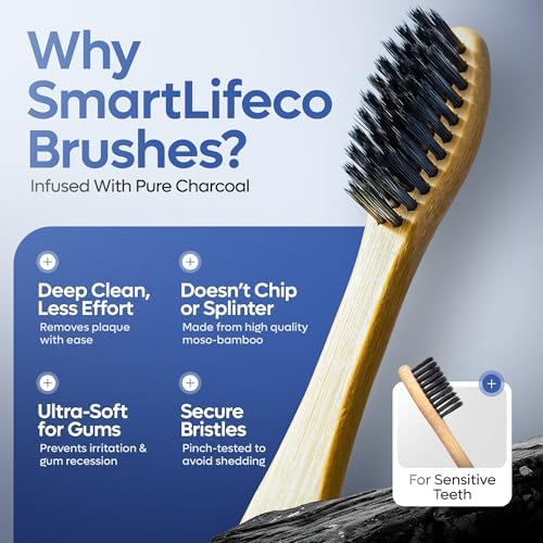SmartLifeco Charcoal Bamboo Toothbrushes - Extra Soft Natural Bristles for Adults & Kids Teeth | Zero Waste Bulk Wooden Tooth Brush Travel Kit | BPA Free, Eco-Friendly, Vegan - (12 Pack)
