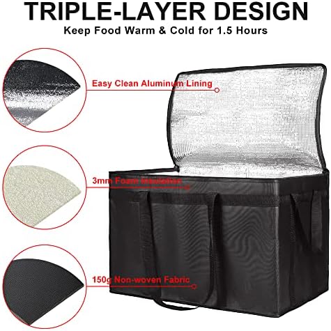 Insulated Food Delivery Bag, XXXL Grocery Cooler Bags, Black, 3-Pack
