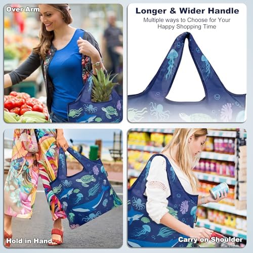 HOLYLUCK Reusable Grocery Bags,Heavy Duty Foldable Shopping Tote Bag (Standard, 3 Whales)