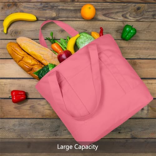 TOPDesign 1-Pack Canvas Tote Bag with an External Pocket, Reusable Grocery Shopping Bag, Top Zipper Closure, Daily Essentials (Rose Pink)