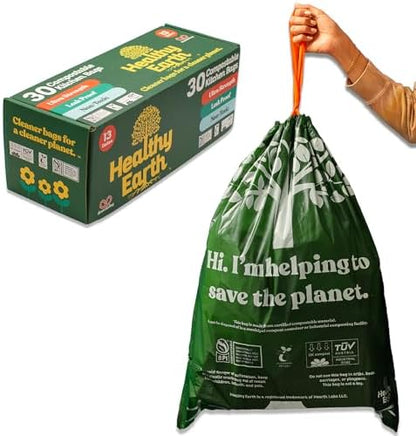 Healthy Earth 13 Gallon Compostable Drawstring Trash Bags, 1.13 Mil Extra Thick Tall Kitchen Liners (49.2 L), Heavy Duty Leak-Proof Food Scrap Bags, BPI & TÜV OK Compost Certified, 30 Count