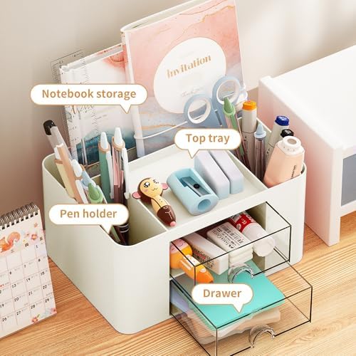 Marbrasse Pen Organizer with 2 Drawer, Multi-Functional Pencil Holder for Desk, Desk Organizers and Accessories with 5 Compartments + Drawer for Office Art Supplies (Beige)