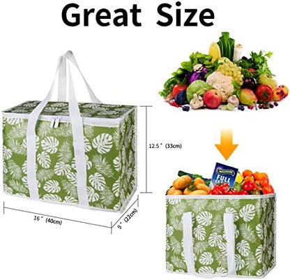musbus 2-Pack extra Insulated Grocery shopping bag, large Green leaf, kitchen foldable reusable bags groceries,Sturdy zipper,Collapsible,tote,cooler,for transport women,Durable carrier