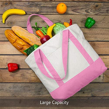 TOPDesign 30-Pack Canvas Tote Bags with an External Pocket, Reusable Grocery Shopping Bags, Top Zipper Closure, Daily Essentials (Pink/Natural)
