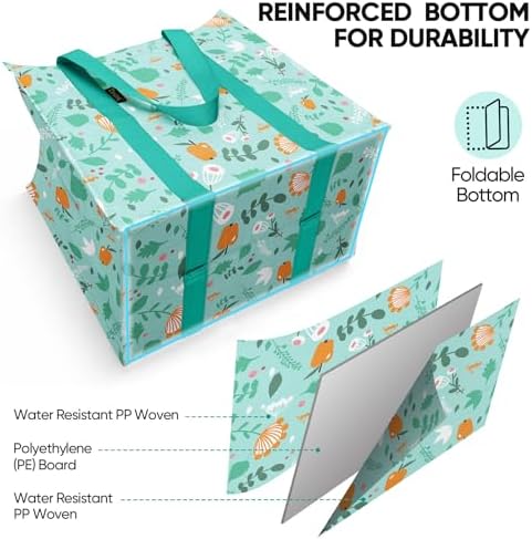 BALEINE 4 PK Grocery Bags Reusable Shopping Bags with Reinforced Bottom, Heavy Duty Foldable Tote Bags (Spring Stroll)