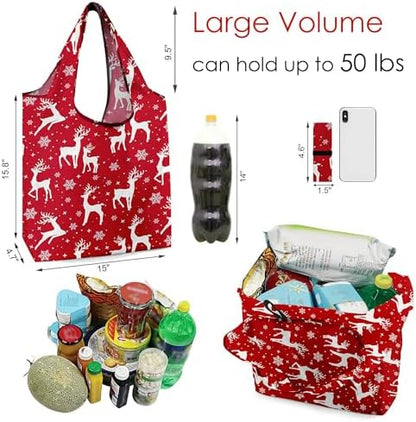 BeeGreen Christmas Reusable Grocery Bags 10 Pack Reusable Shopping Bags Bulk Christmas Gifts Tote Bags with Zipper Storage Pouch Elastic Band Foldable-Machine Washable