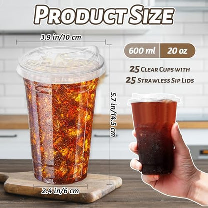 Qinsihwn 20 oz Clear Plastic Cups with Strawless Sip Lid,25 Sets Disposable Iced Coffee Cups with Lids,Disposable Clear Plastic Cups with Lids for Iced Coffee,Smoothie,Cold Drinks for Party