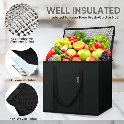 BALEINE 2Pk Insulated Reusable Grocery Bags, Collapsible Cooler Bag for Groceries, Heavy Duty Large Insulated Bag (16''x9''x13'', Charcoal Black) (Pack of 3)