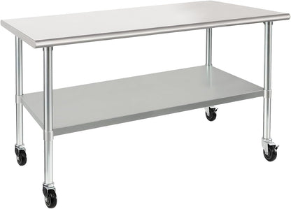 HARDURA Stainless Steel Table with Wheels 30 x 72 Inches Casters NSF Heavy Duty Commercial Prep Table with Undershelf and Galvanized Legs for Food Prep