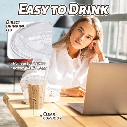 Qinsihwn 20 oz Clear Plastic Cups with Strawless Sip Lid,25 Sets Disposable Iced Coffee Cups with Lids,Disposable Clear Plastic Cups with Lids for Iced Coffee,Smoothie,Cold Drinks for Party