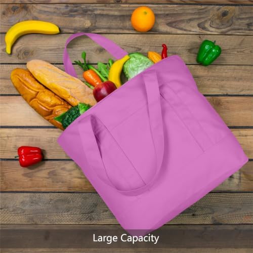 TOPDesign 6-Pack Canvas Tote Bags with an External Pocket, Reusable Grocery Shopping Bags, Top Zipper Closure, Daily Essentials (Light Purple)