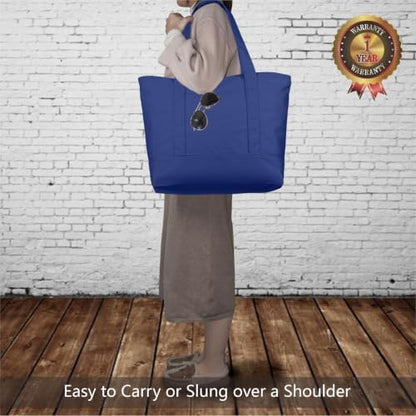 TOPDesign 3-Pack Canvas Tote Bags with an External Pocket, Reusable Grocery Shopping Bags, Top Zipper Closure, Daily Essentials (Blue)
