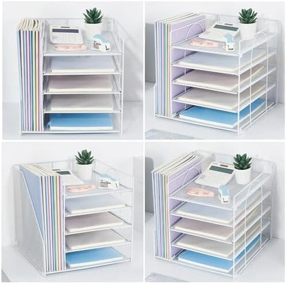 LEKETREE Desk Organizers and Accessories, 5-Tier Paper Letter Tray Organizer with File Holder, Desktop Organizer for Office Supplies (White)