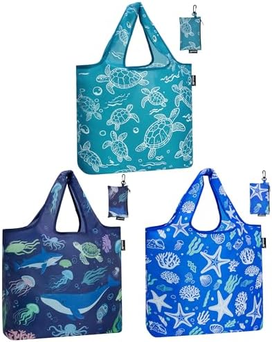 HOLYLUCK Reusable Grocery Bags,Heavy Duty Foldable Shopping Tote Bag (Standard, 3 Ocean Life)