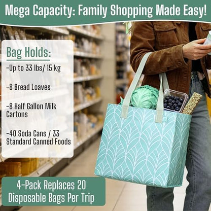 VENO 4 Pack Large Grocery Bag Reusable Shopping Bags with Hard Bottom