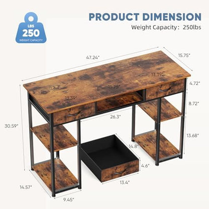 DUMOS 48-Inch Computer Desk with Drawers and Hook, Brown