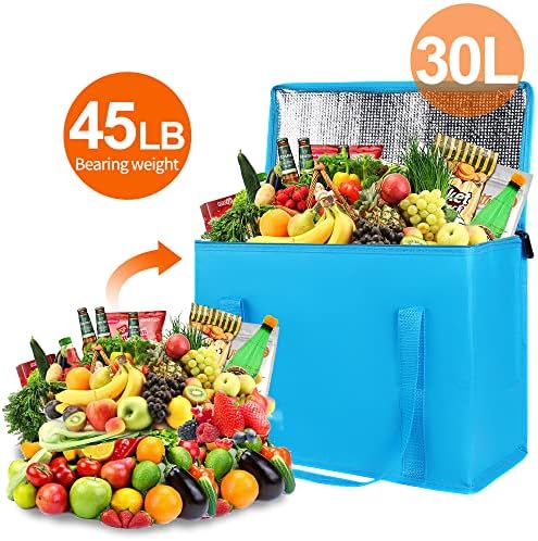Bodaon 2-Pack Insulated Reusable Grocery Shopping Bag, X-Large Food Delivery Bags, Soft Cooler Bag for Women/Men for Grocery Delivery, Blue