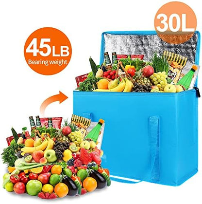 Bodaon 2-Pack Insulated Reusable Grocery Shopping Bag, X-Large Food Delivery Bags, Soft Cooler Bag for Women/Men for Grocery Delivery, Blue