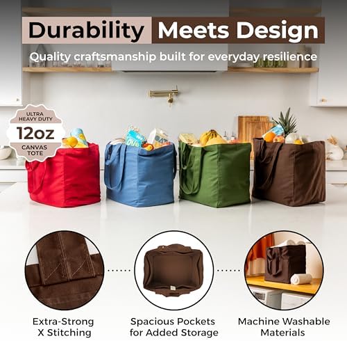 VeraMia Canvas Grocery Bag 3pc XL Set with Real Pockets, Long Shoulder Strap and Short Handle. Heavy Duty, Foldable, Washable