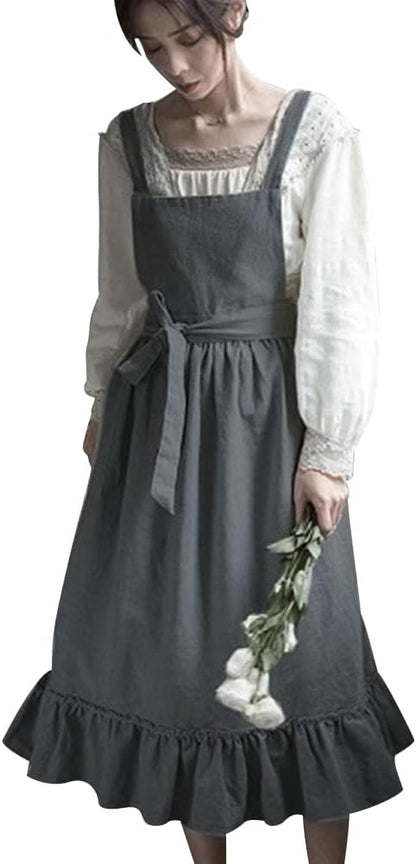 ODIZLI Frill Apron for Women Cotton Cross Back Vintage Ruffle Apron for Garden Cooking Aprons