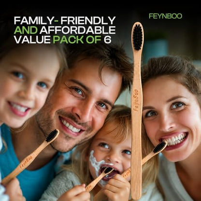 Bamboo Toothbrushes Hard Bristles 6 Pack - BPA Free Bristles Toothbrushes for Adults - Eco-Friendly, Natural Wooden Toothbrush (Light Brown, Black).
