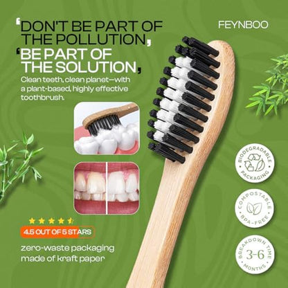Bamboo Toothbrushes Medium Bristles 6 Pack - BPA Free Bristles Toothbrushes for Adults - Eco-Friendly, Natural Wooden Toothbrush (Light Brown, White, Black)