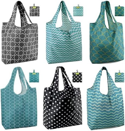BeeGreen Geometry Reusable Shopping Bags Cute Grocery Bag 6 Pack, Christmas Gift Bags Heavy-Duty Foldable Shopping Totes for Supermarket, Work & Travel, Large Washable Polyester Tote Bag with Handles