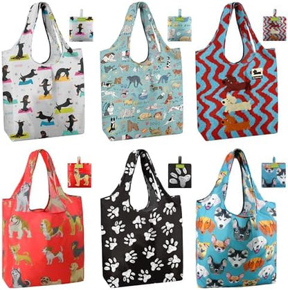 BeeGreen Dog Reusable Shopping Bags Cute Grocery Bag 6 Pack, Christmas Gift Bags Heavy-Duty Foldable Shopping Totes for Supermarket, Work & Travel, Large Washable Polyester Tote Bag with Handles