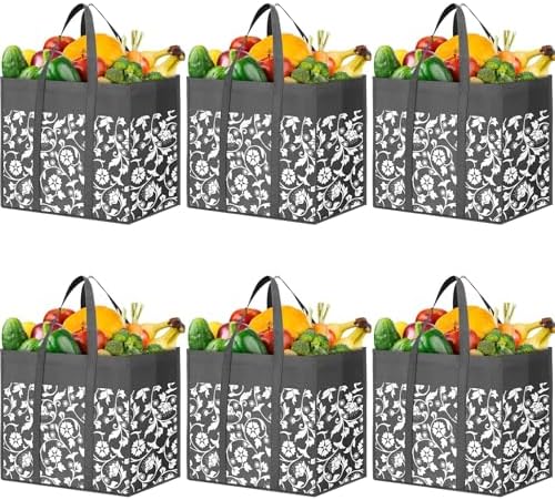 Reusable Grocery Bags Foldable Tote Bags bulk Shopping Bags 6-Pack, Grey
