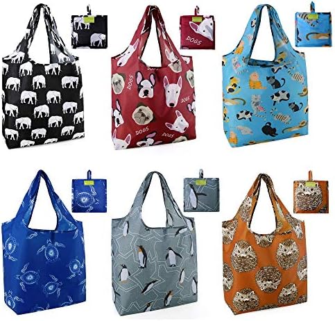 BeeGreen Heavy Duty Bulk Large Reusable Grocery Bags 6 Pack - Foldable Sturdy Recycled Cloth Animal Print Shopping Totes with Handles -Reusable Gifts Bags for Groceries, Travel, Storage & Women