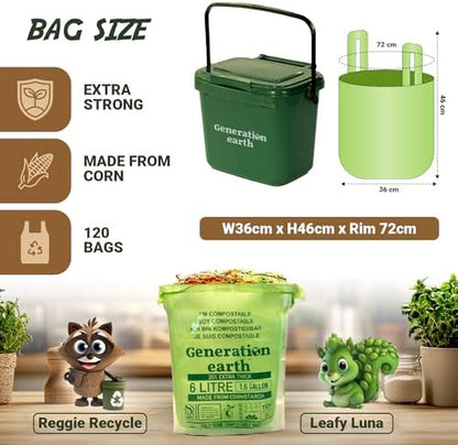 120 Bags 1.6 Gallon (6L) | Tie Handle Compostable Food Waste Bags | BPI Certified Kitchen Countertop Compost Bin Liners | Extra Strong Biodegradable Caddy Bags | Generation earth