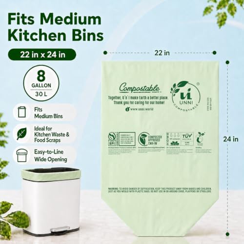 UNNI 8 Gallon Compostable Bags, 100 Count, 30 Liter, Extra Thick 0.85 Mil