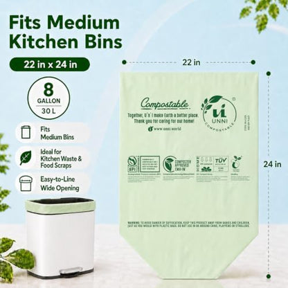 UNNI 8 Gallon Compostable Bags, 100 Count, 30 Liter, Extra Thick 0.85 Mil