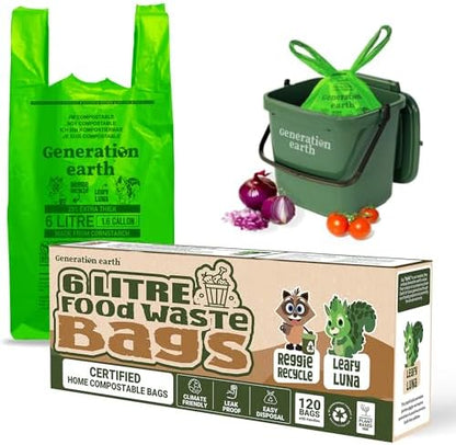 120 Bags 1.6 Gallon (6L) | Tie Handle Compostable Food Waste Bags | BPI Certified Kitchen Countertop Compost Bin Liners | Extra Strong Biodegradable Caddy Bags | Generation earth