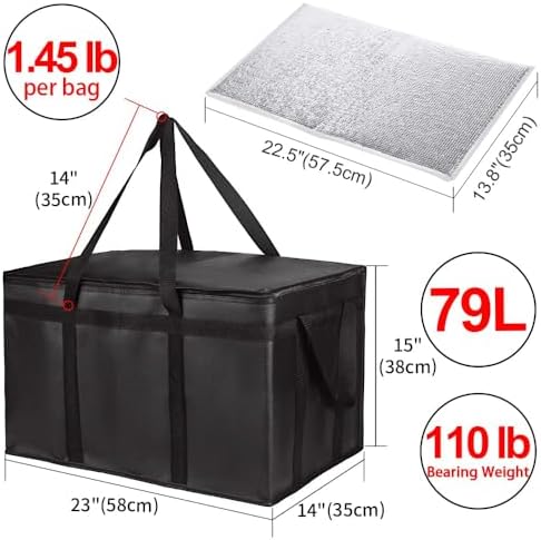 Insulated Food Delivery Bag with Hard Bottom, XXX-Large Insulated Reusable Grocery Cooler/Hot Bags, Tote Bag for Shopping/Travel, Black, 3-Pack