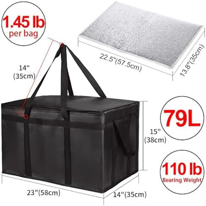 Insulated Food Delivery Bag with Hard Bottom, XXX-Large Insulated Reusable Grocery Cooler/Hot Bags, Tote Bag for Shopping/Travel, Black, 3-Pack