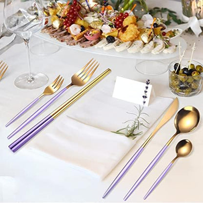 AARAINBOW 8 Pieces Stainless Steel Flatware Set Portable Reusable Cutlery Set Travel Utensils Set Including Chopsticks Knife Fork Spoon Straws Cleaning Brush Dishwasher Safe (Purple Golden)