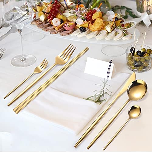 AARAINBOW 8 Pieces Stainless Steel Flatware Set Portable Reusable Cutlery Set Travel Utensils Set Including Chopsticks Knife Fork Spoon Straws Cleaning Brush Dishwasher Safe (Golden)