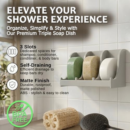 Soap Holder for Shower Wall, 3-Compartment Soap Dish [Patent Pending]