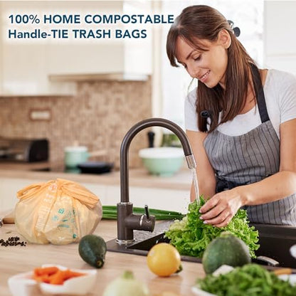 1.6 Gallon Compostable Handle Tie Garbage Bags, Small Trash Bags for Countertop Bin, Extra Thick 0.78 Mils, Certified US BPI ASTM D6400, 6 Liter, 50 Count