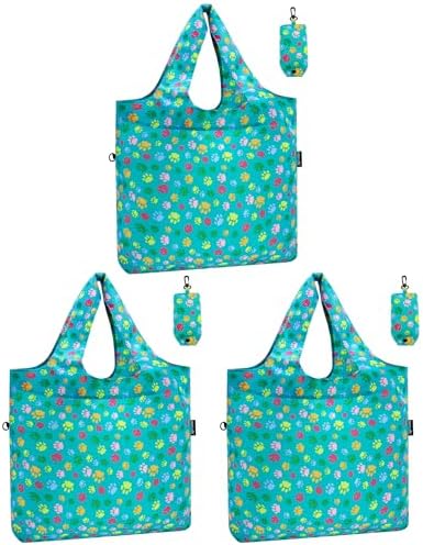 HOLYLUCK Reusable Grocery Bags,Heavy Duty Foldable Shopping Tote Bag (Standard, 3 Green Dog Paw Prints)