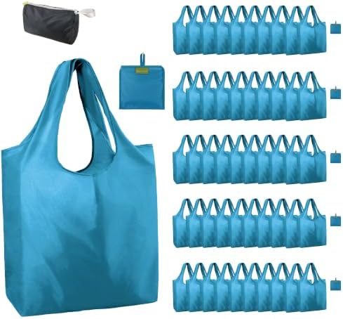 BeeGreen Light Blue Reusable Grocery Bags Wholesale Blue Reusable Kitchen Bags Bulk Foldable-Machine Washable with Zipper Storage Pouch 50 Packs
