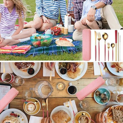 AARAINBOW 8 Pieces Stainless Steel Flatware Set Portable Reusable Cutlery Set Travel Utensils Set Including Chopsticks Knife Fork Spoon Straws Cleaning Brush Dishwasher Safe (Red Golden)