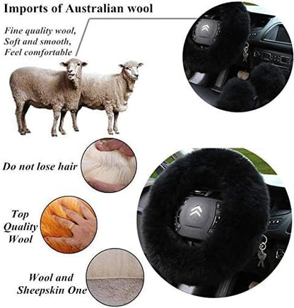 15inches Universal Leather Car Steering Wheel Cover Car Accessories Colorful Fuzzy Steering Wheel Cover Gear Shift Cover Handbrake Cover (Black)
