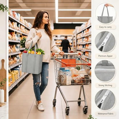 10 Pack 10 Pack Large Insulated Grocery Bag Zippered, Light Gray