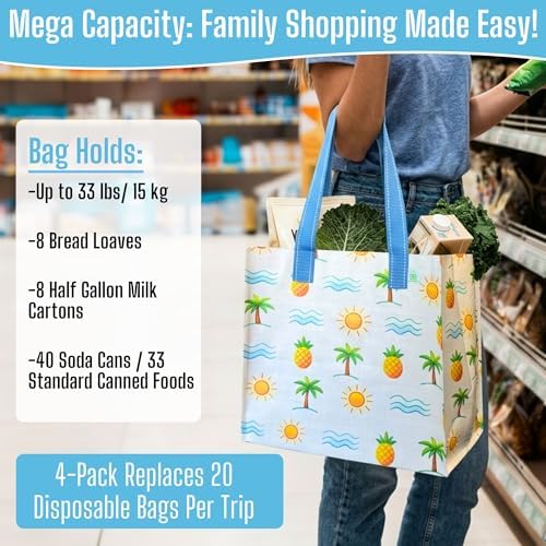 VENO 4 Pack Large Grocery Bag Reusable Shopping Bags with Hard Bottom