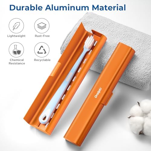 Aluminum Toothbrush Travel Case, Portable Travel Toothbrush Holder, Durable Manual Toothbrush Box Container for Traveling, Bathroom, Camping, Business Trip-Pumpkin Orange